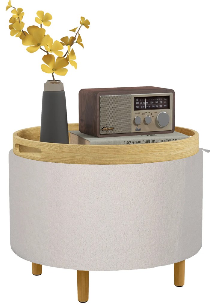 HOMCOM Hocker Polsterhocker, Pluș Teddy, Stocare ascunsă, capac reversibil, 56 cm x 56 cm x 42 cm, Alb | Aosom Romania