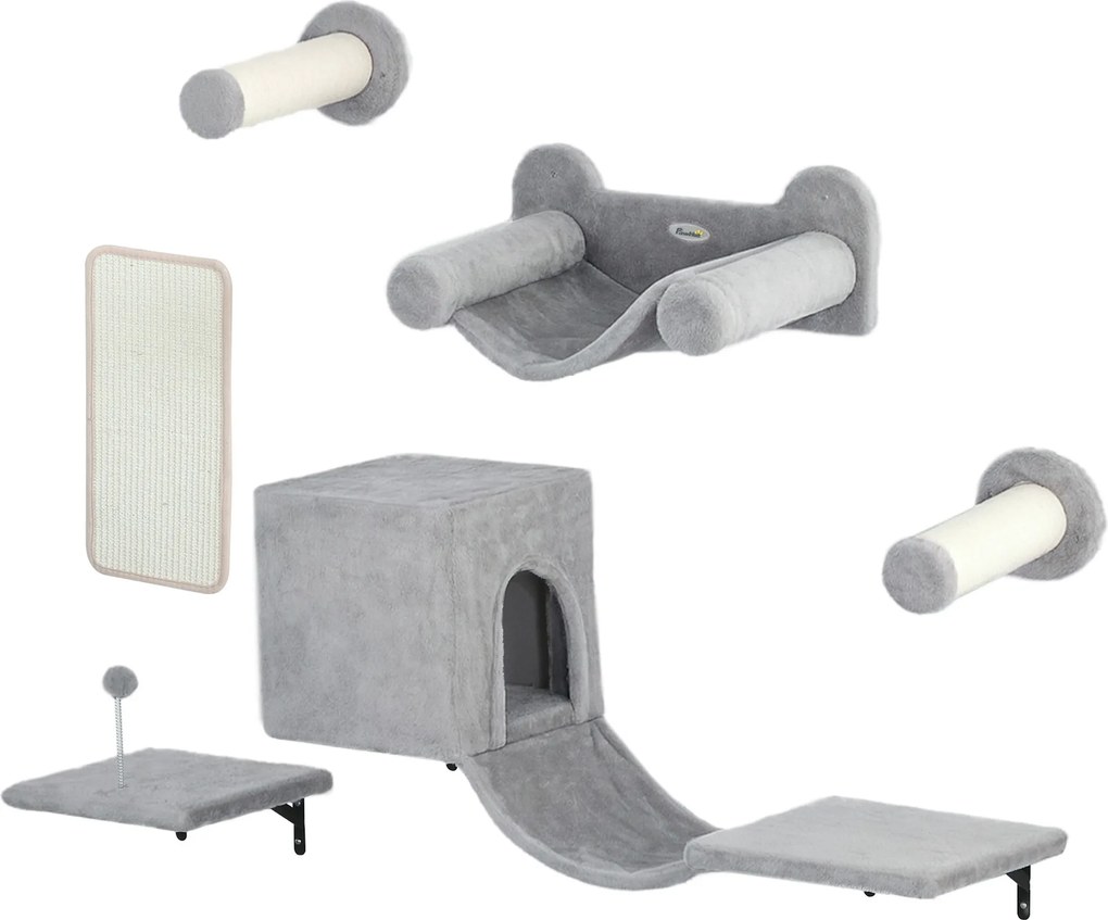 PawHut Perete de cățărat pentru pisici 6 piese set de cățărat cu căsuță pentru pisici, hamac, platformă placă de zgâriat Gri | Aosom Romania