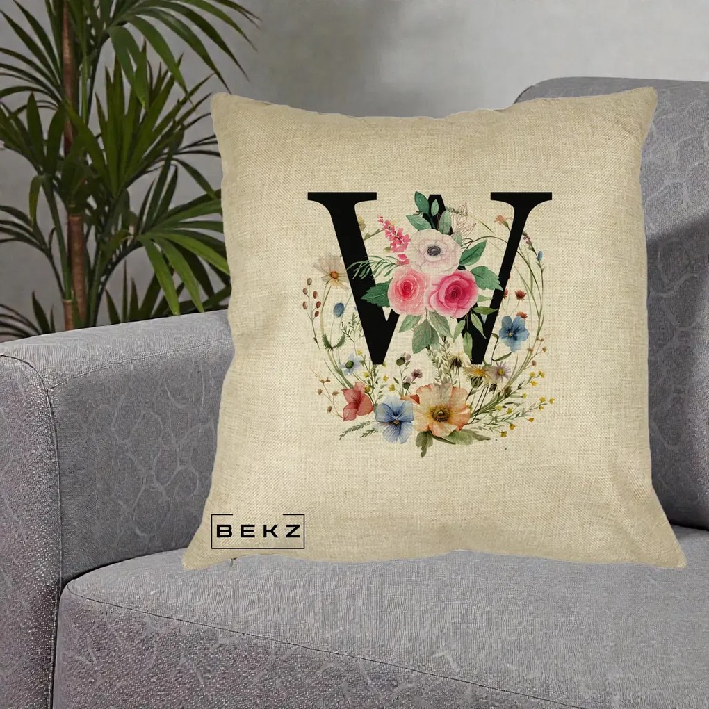 Cadou Personalizat - Perna Personalizata Monograma Florala Litera W, 40x40 cm, Crem, Husa Detasabila, Perna Inclusa, BEKZ®