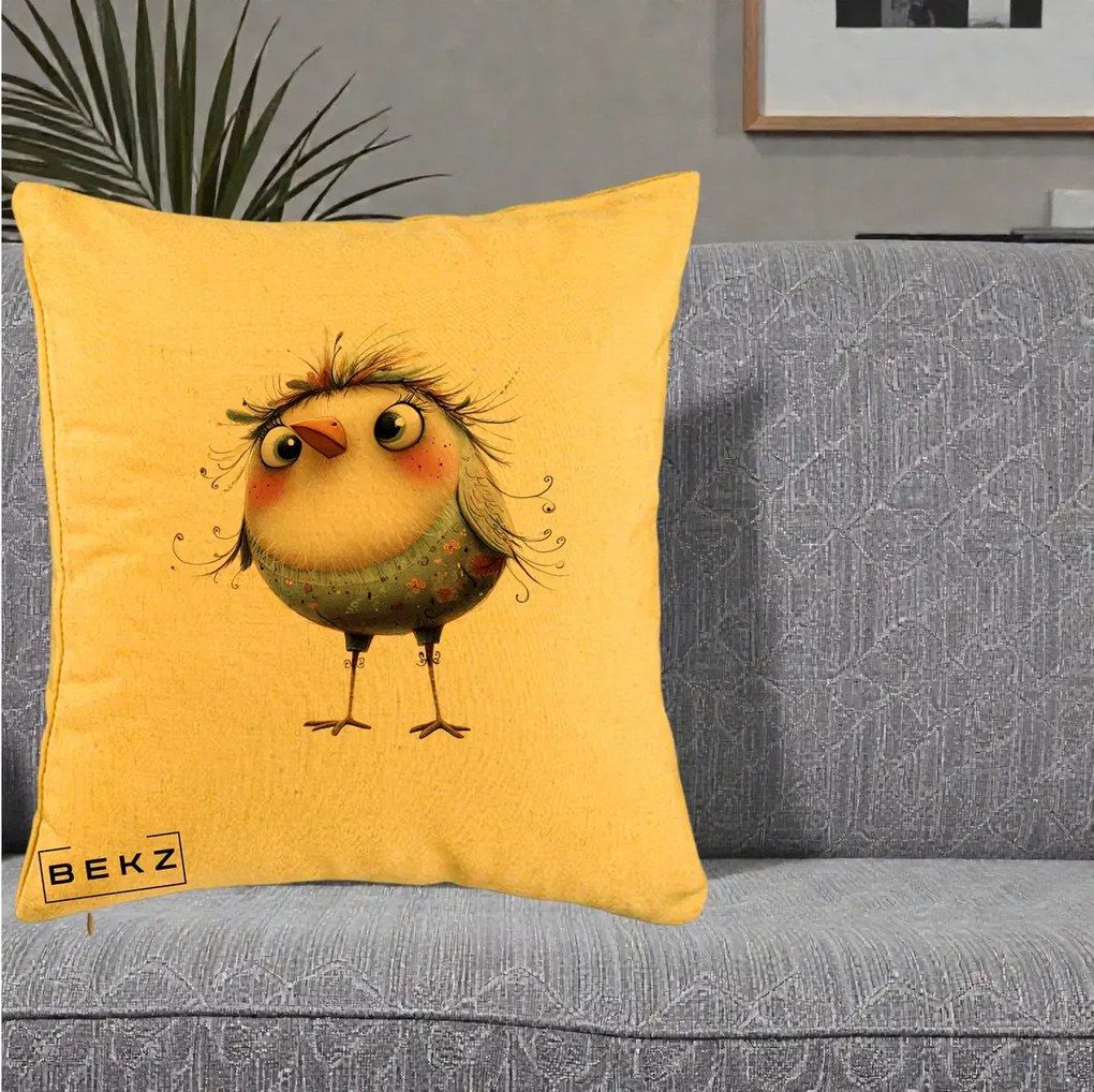 Perna Decorativa Pasare cu Penaj Zbarlit si Gene, 40x40 cm, Galben, Husa Detasabila, Perna Inclusa, BEKZ®