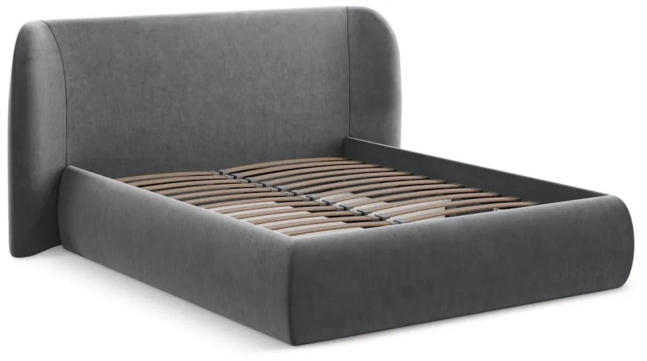 Pat matrimonial gri închis tapițat cu spațiu de depozitare cu somieră 140x200 cm Hauke – Makamii