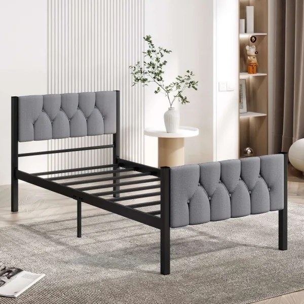 Pat metalic pentru o persoană KAROM, 90 x 200 cm, gri, capacitate de încărcare 120 kg