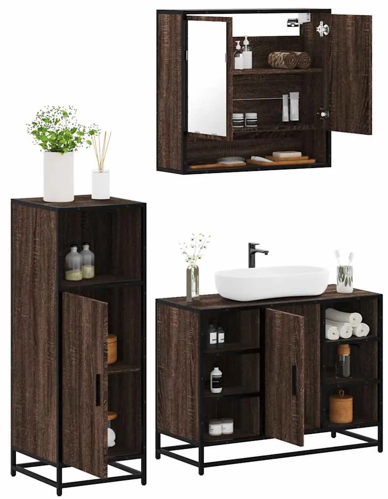 vidaXL Set mobilier de baie, 3 piese, stejar maro, lemn prelucrat