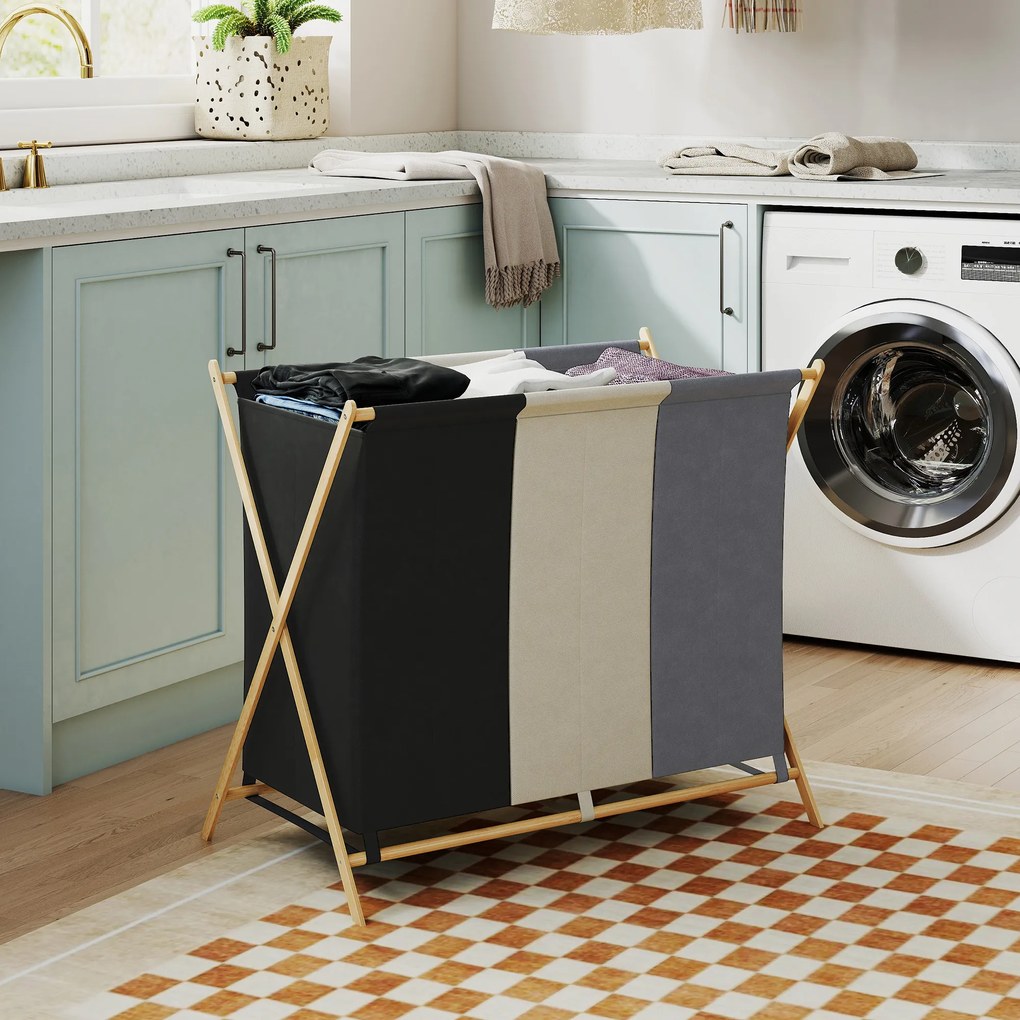HOMCOM Coș de rufe pliabil 129L cu 3 compartimente și cadru X pentru dormitor, baie sau utilități. | Aosom Romania