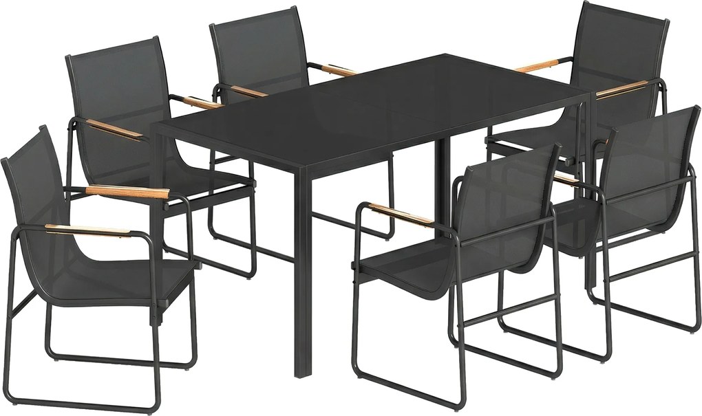Outsunny Set mobilier de grădină 150 x 80cm masă din sticlă cu 6 scaune respirabile cotiere decorative Negru | Aosom Romania