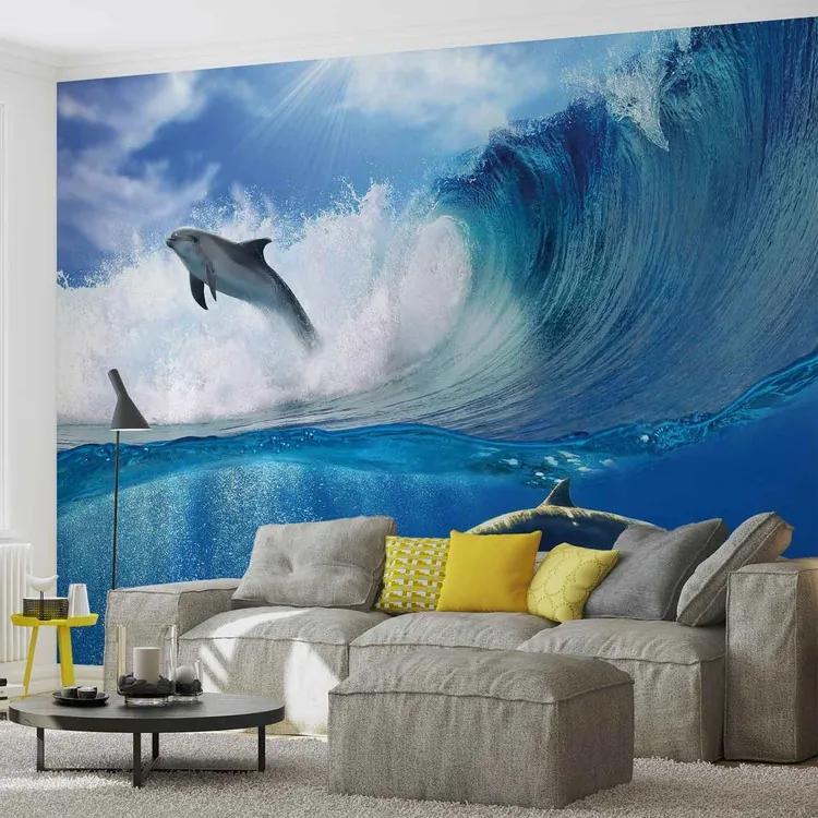Dolphins Sea Wave Nature Fototapet, (368 x 254 cm)