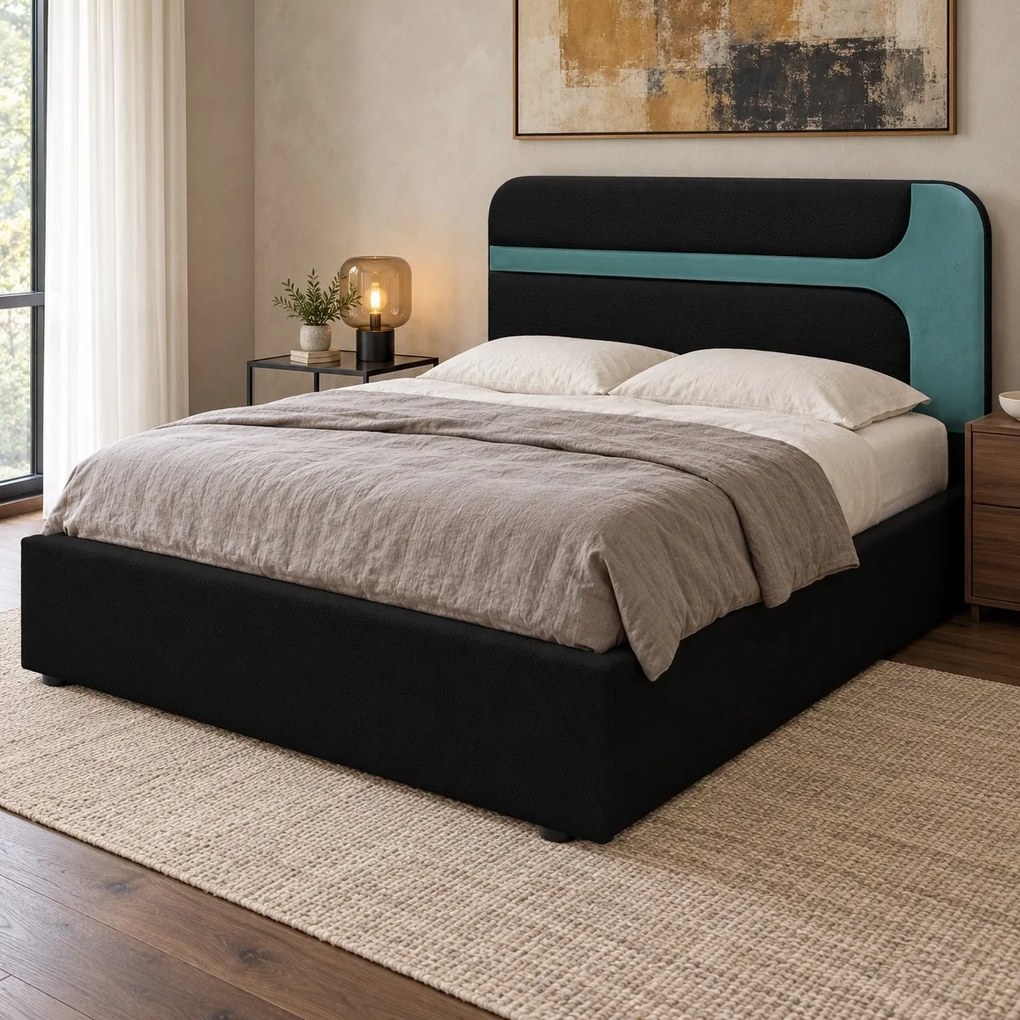 Pat tapițat Isadora 180×200 cm, negru + verde marin, cu ladă de depozitare