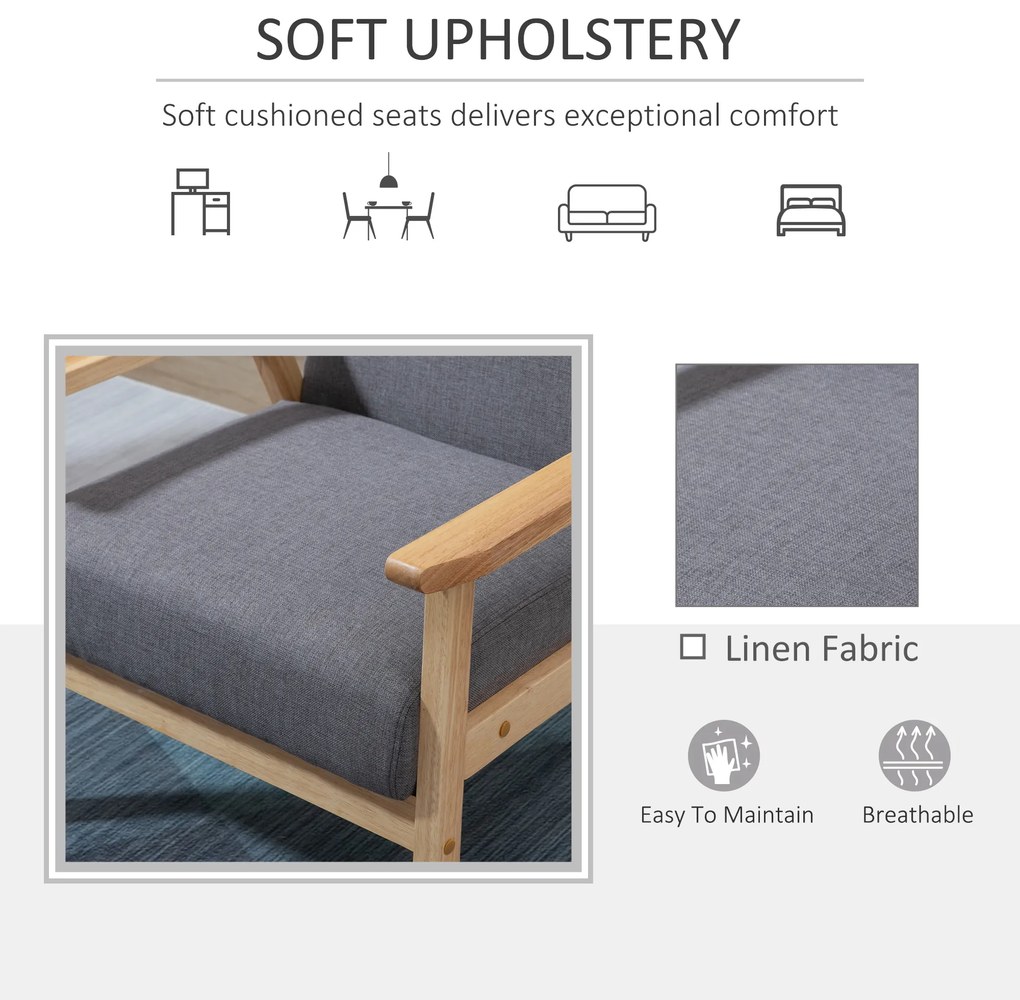 HOMCOM Fotoliu cu design scandinav, fotoliu de accent din lemn masiv cu aspect de in, 64 cm x 70 cm x 72 cm, gri | Aosom Romania