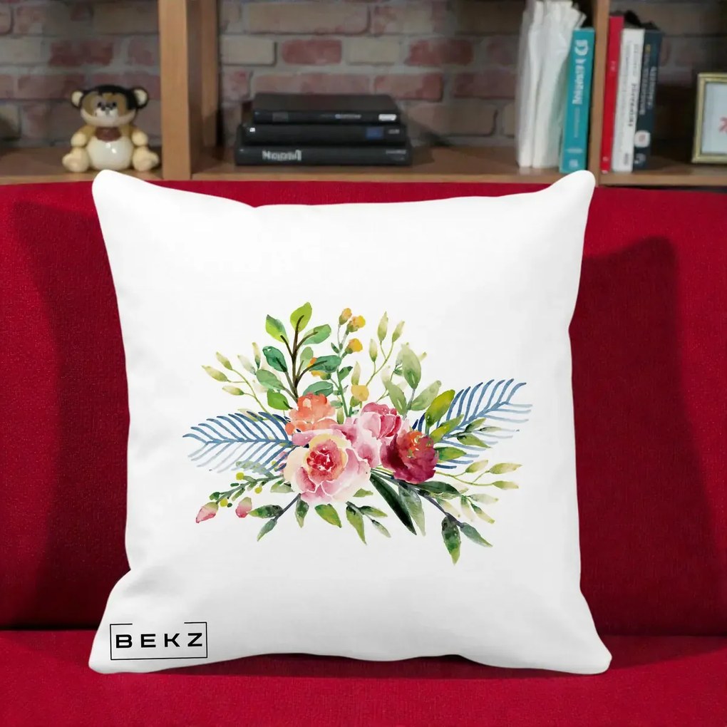 Perna Decorativa Buchet Flori Acuarela Roz-Verde, 40x40 cm, Alba Mata, Husa Detasabila, Perna Inclusa, BEKZ®