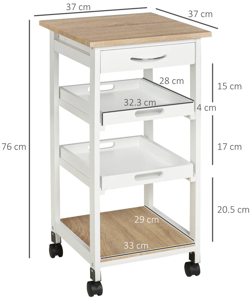 HOMCOM Căruț de servire căruță de bucătărie pe roți 2 tavane detașabile, sertar, raft stejar deschis lemn de pin alb | Aosom Romania