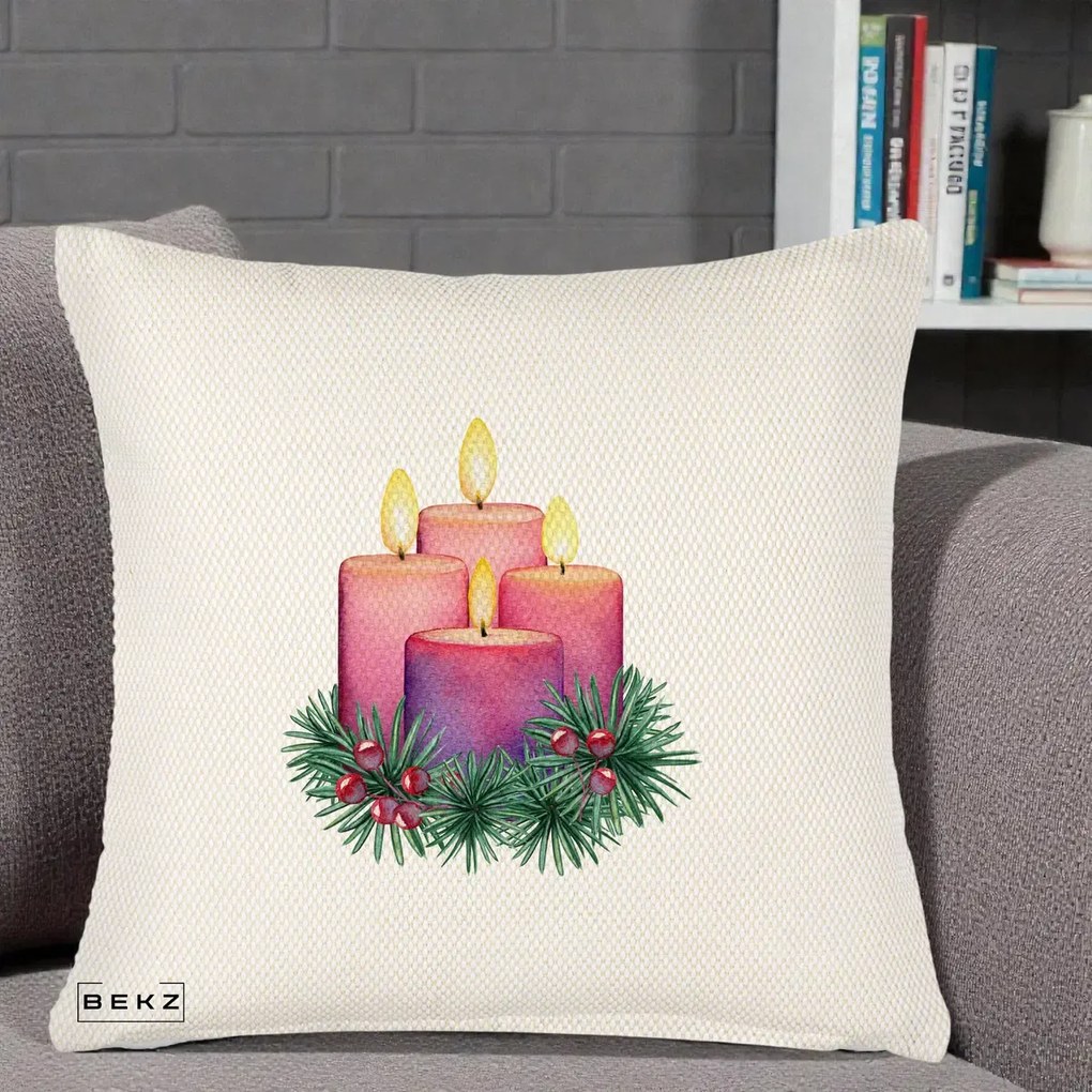 Perna Decorativa Lumanari Advent Roz-Violet, 40x40 cm, Crem Reliefat, Husa Detasabila, Perna Inclusa, BEKZ®