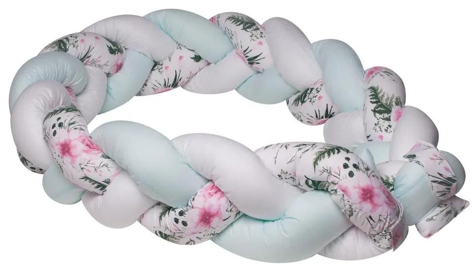 Protectie laterala patut bebe bumper impletit inchidere velcro bumbac white-mint-rose mint 210 cm