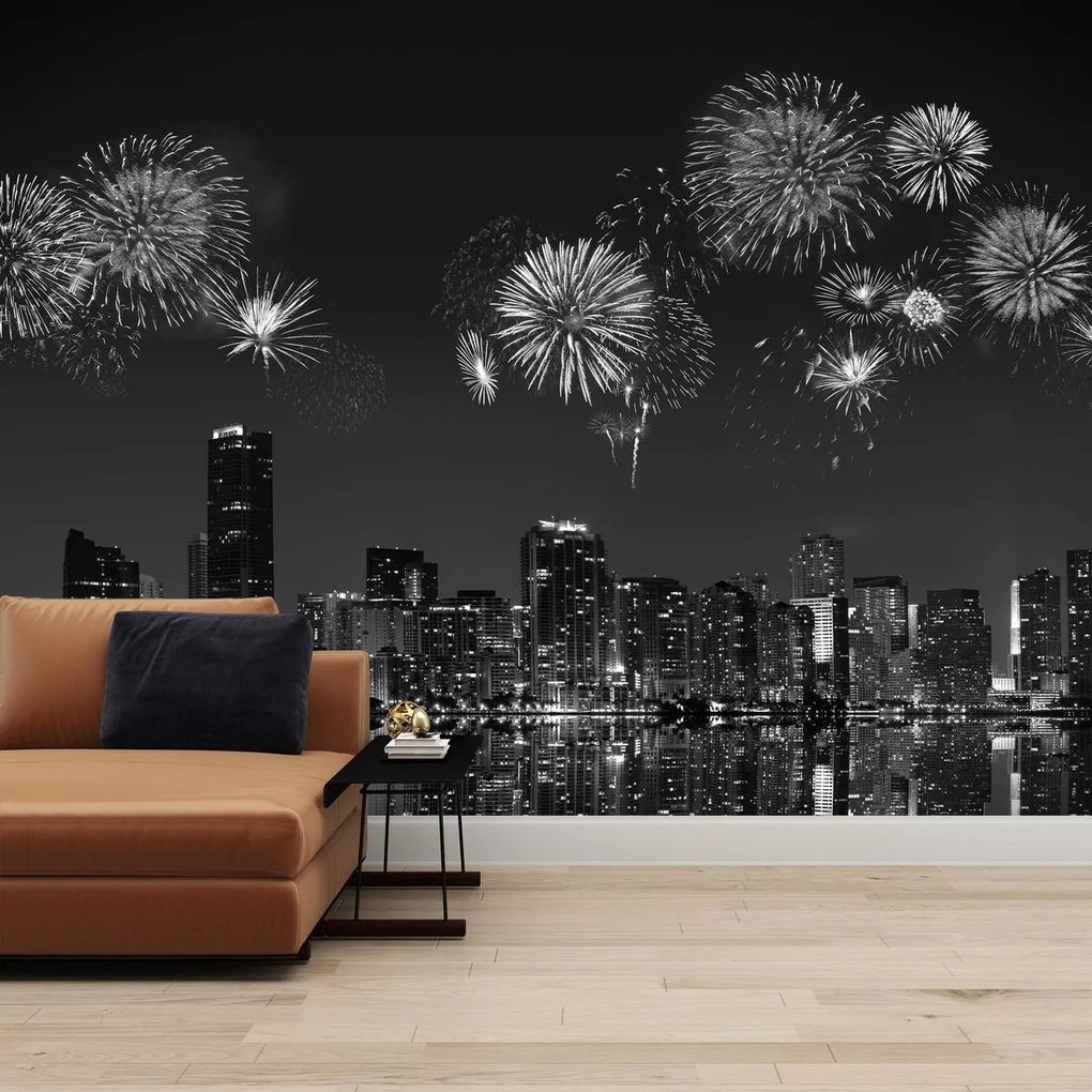 Fototapet - Focuri de artificii în Miami, alb-negru (147x102 cm)