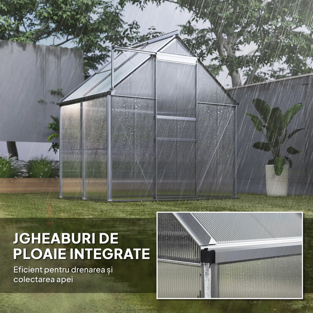 Outsunny Seră din Policarbonat și Aluminiu cu Ușă Glisantă și Fereastră Reglabilă, 192.5x131x200 cm, Argintiu | Aosom Romania