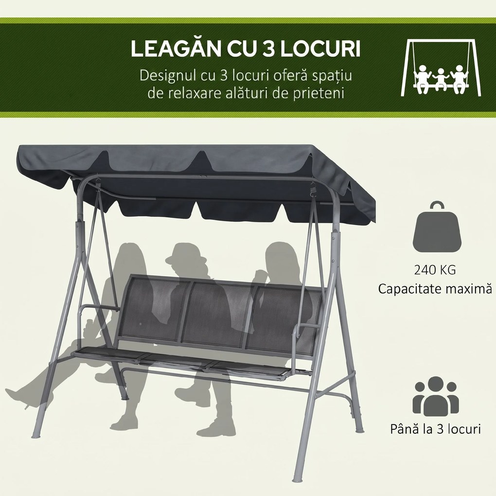 Outsunny Leagăn de grădină 3 locuri cu acoperiș parasolar reglabil și detașabil, șezut respirabil din poliester, capacitate 240 kg, 171x108x154 cm, gri închis | Aosom Romania