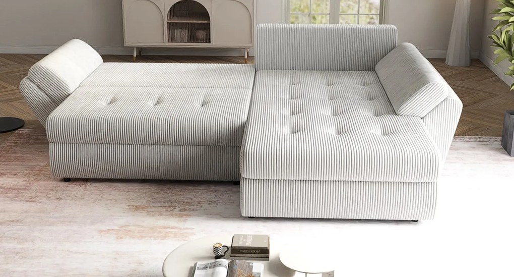 Colțar extensibil dumonde cu ladă de depozitare si sezut confortabil din spuma high-density, Loana Zoom Crem II 270x185 cm