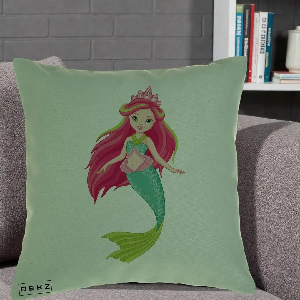 Perna Decorativa Sirena Roz cu Coroana, 40x40 cm, Verde, Husa Detasabila, Perna Inclusa, BEKZ®