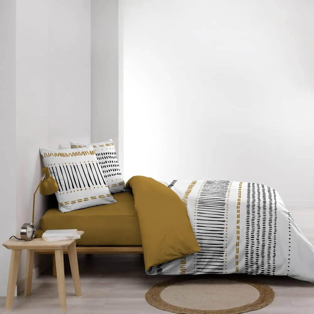 Lenjerie de pat galben-muștar/albă din bumbac pentru pat dublu, extinsă 240x220 cm Chicago – douceur d'intérieur