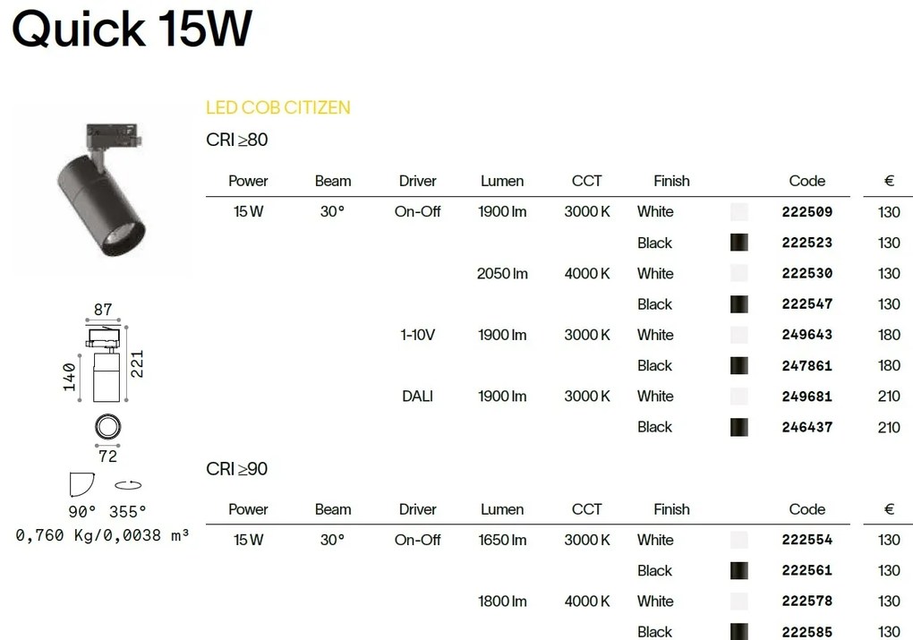 Spot directionabil pentru sina Link QUICK 15W CRI80 30 grade 4000K ON-OFF WH