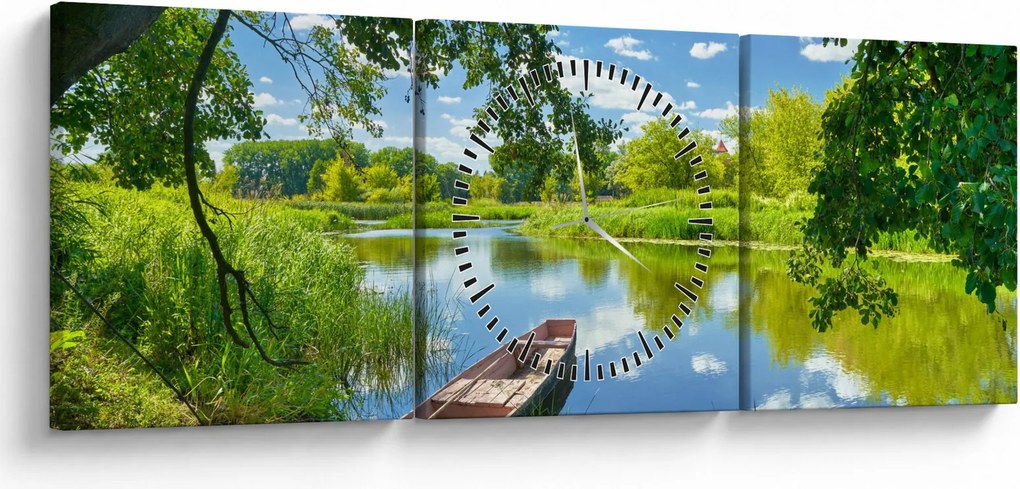 Tablou cu râu de vară și barcă (cu ceas) (90x30 cm)