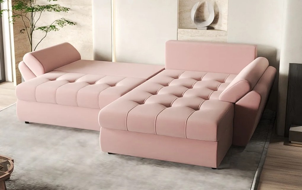 Colțar extensibil dumonde cu ladă de depozitare si sezut confortabil din spuma high-density, Loana Royal Pink II 270x185 cm