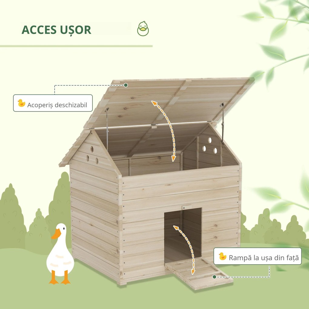 PawHut Adăpost pentru rațe cu acoperiș rabatabil, coteț pentru păsări cu podea ridicată și rampă, lemn de brad, 100 x 82,5 x 91 cm | Aosom Romania