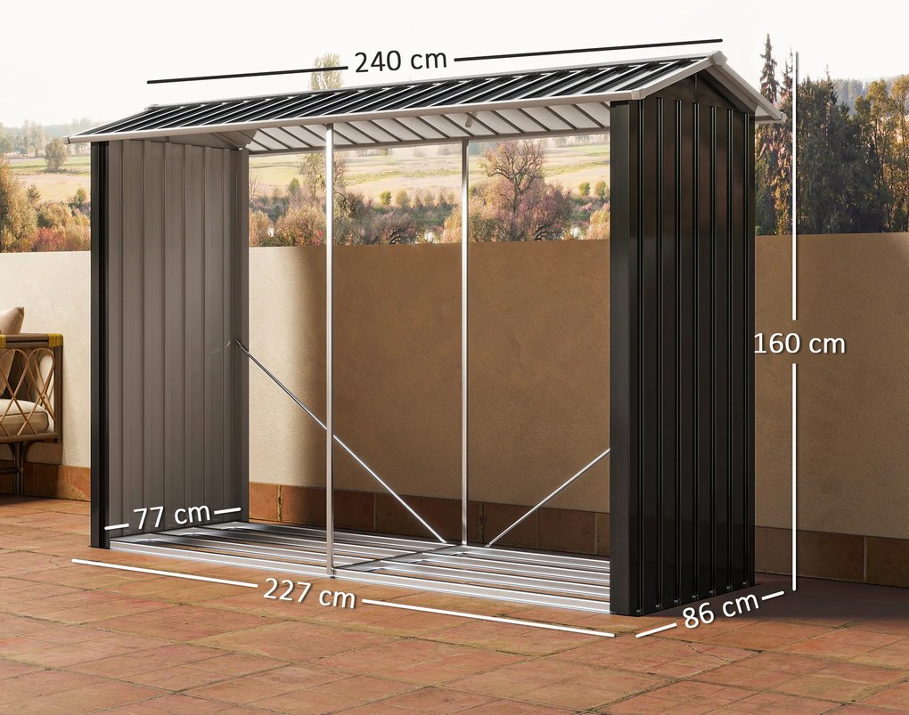 Outsunny Suport de Lemne cu Structură din Oțel Galvanizat 240x86x160cm Negru | Aosom Romania