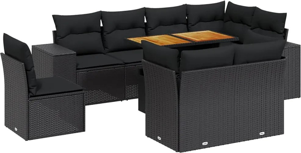 vidaXL Set mobilier de grădină cu perne, 9 piese, negru, poliratan