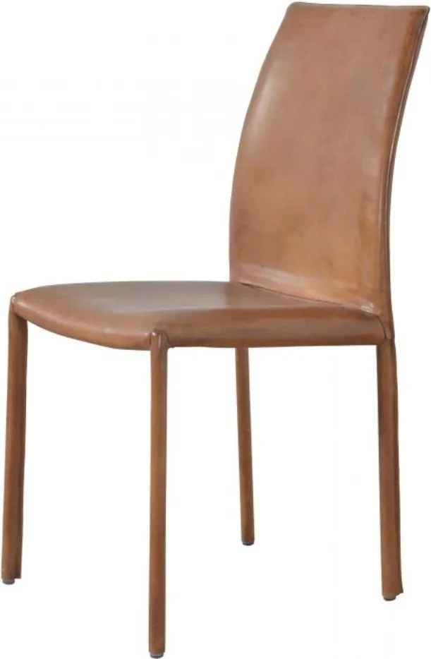 Scaun dining din piele naturală, maro, cu spătar înalt arcuit și picioare îmbrăcate în piele, 93 x 44 x 56 cm, „Newport”