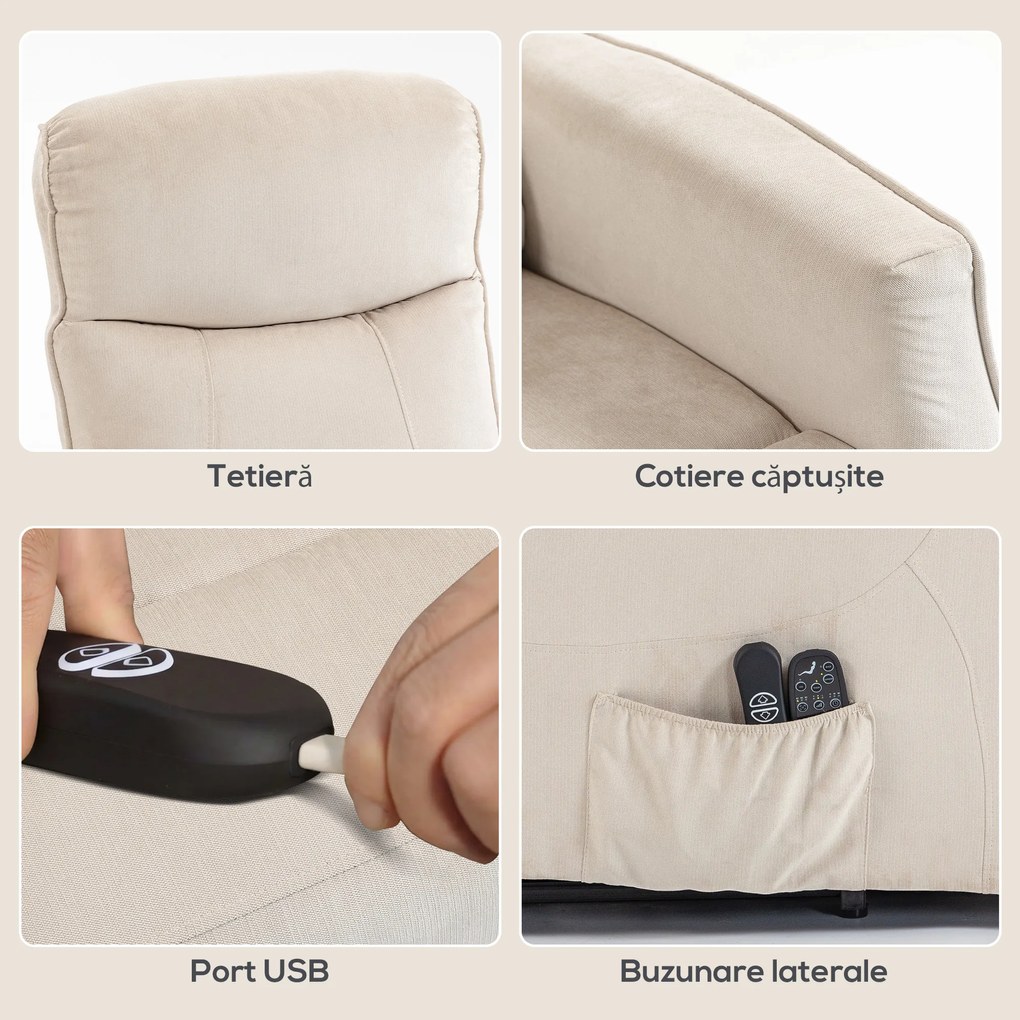 HOMCOM Fotoliu Electric cu Ridicare 150° din Material ce Imita Inul cu 8 Puncte de Masaj, Încălzire, Bej | Aosom Romania