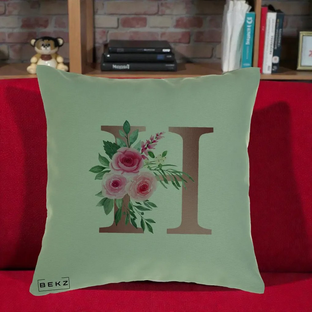 Cadou Personalizat - Perna Personalizata Monograma Rose Gold Litera H, 40x40 cm, Verde, Husa Detasabila, Perna Inclusa, BEKZ®