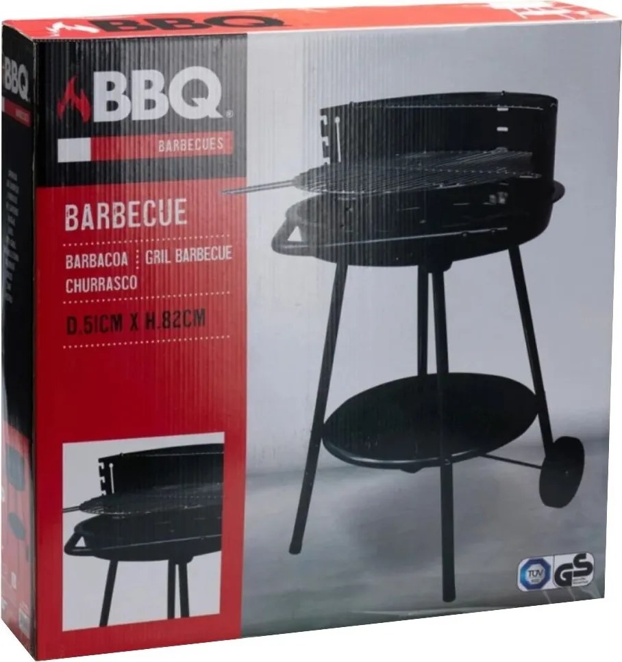 Grătar BBQ cu cărbuni, rotund Ø51 cm, cu roți și raft inferior, înălțime 82 cm, pentru grădină și outdoor