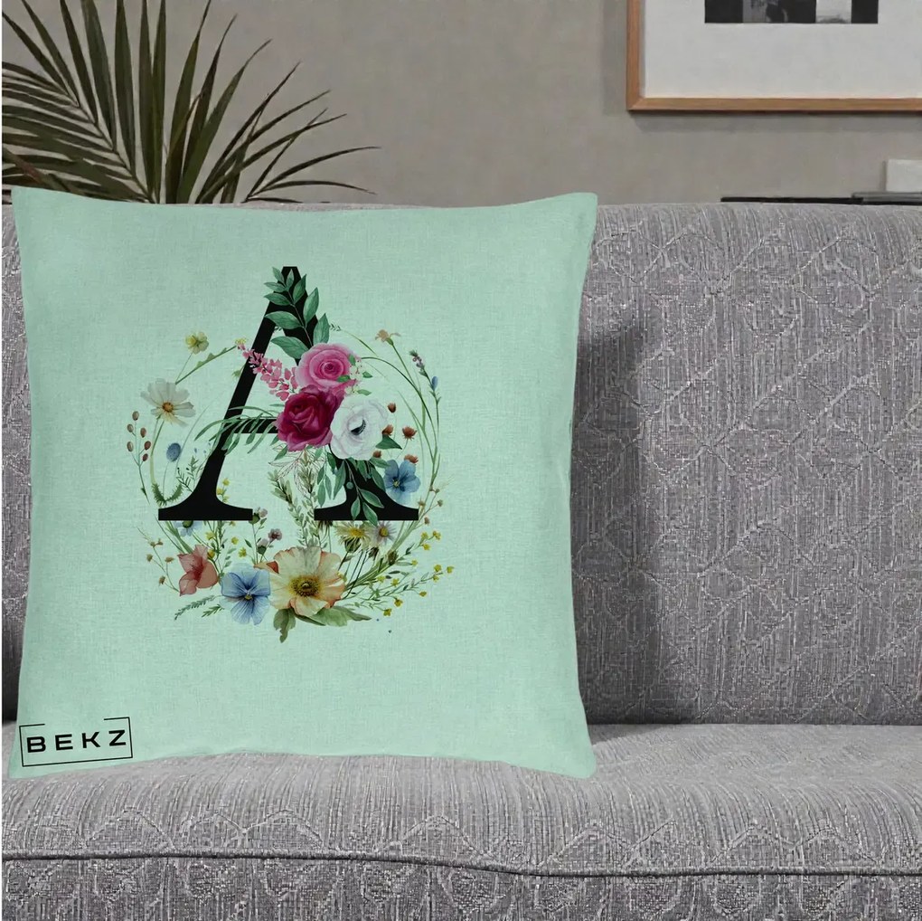 Cadou Personalizat - Perna Personalizata Monogram Litera A cu Flori Acuarela, 40x40 cm, Verde Menta, Husa Detasabila, Perna Inclusa, BEKZ®