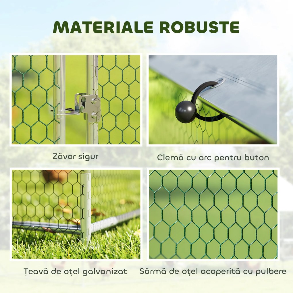 PawHut Țarc pentru Găini de Exterior, 2.8x3.4x1.9m, 9.5㎡ Țarc Metalic din Oțel Galvanizat cu Acoperiș Impermeabil Anti-UV și Încuietoare, Coteț pentru 10-16 Găini, Iepuri și Rațe | Aosom Romania