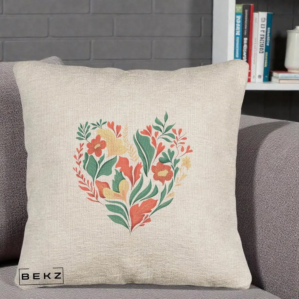 Perna Decorativa Inima Florala Botanica, 40x40 cm, Bej Canapea, Husa Detasabila, Perna Inclusa, BEKZ®