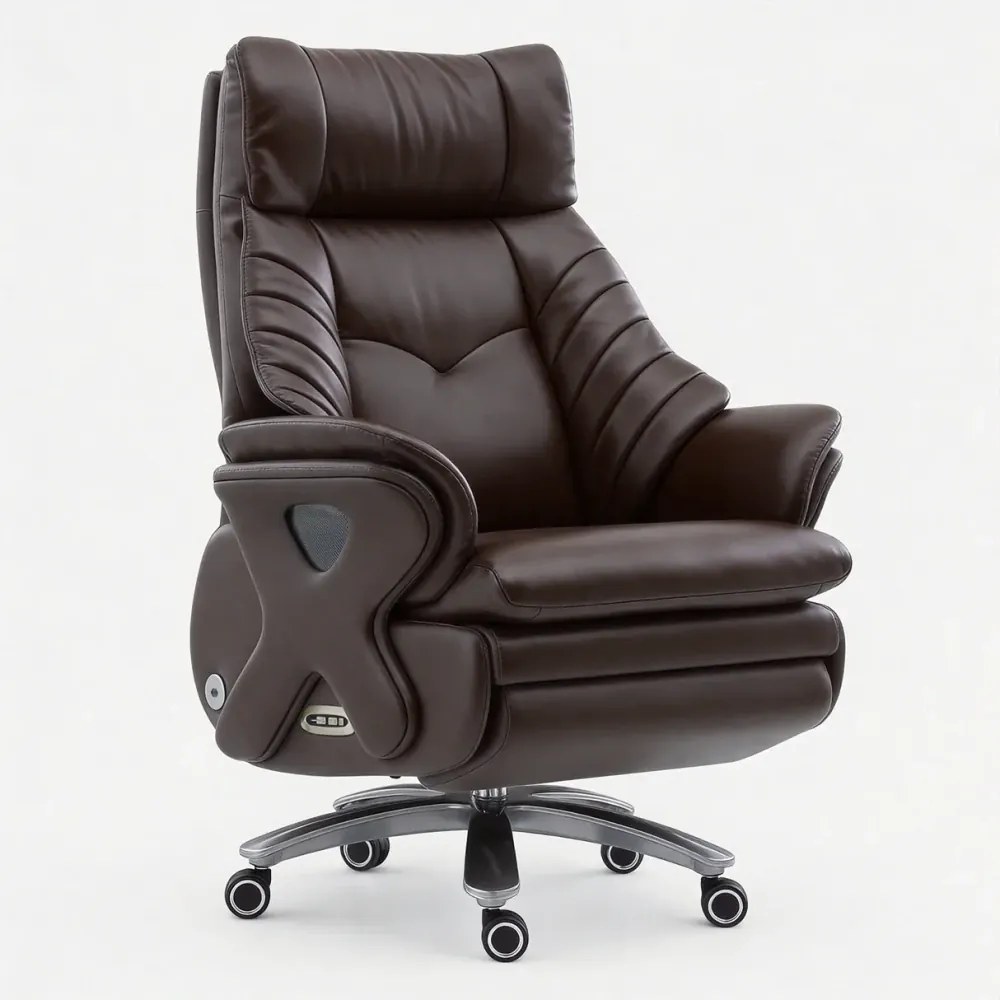 Prestige Executive AeroComfort P212 – Scaun Executiv Premium din Piele Naturală, Reclinabil Electric, Încălzire, Ventilație și Masaj Airbag, Suport pentru Picioare, 150 kg, Maro