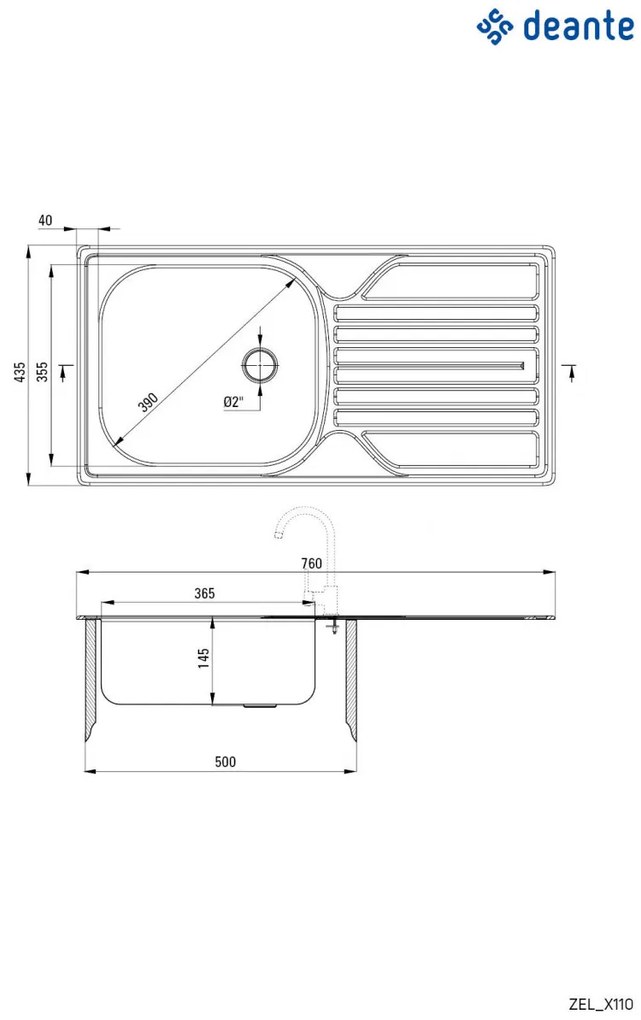 Chiuvetă din inox, 1-cuvă cu picurător - 2" rigole, Legato, ZEL_0110