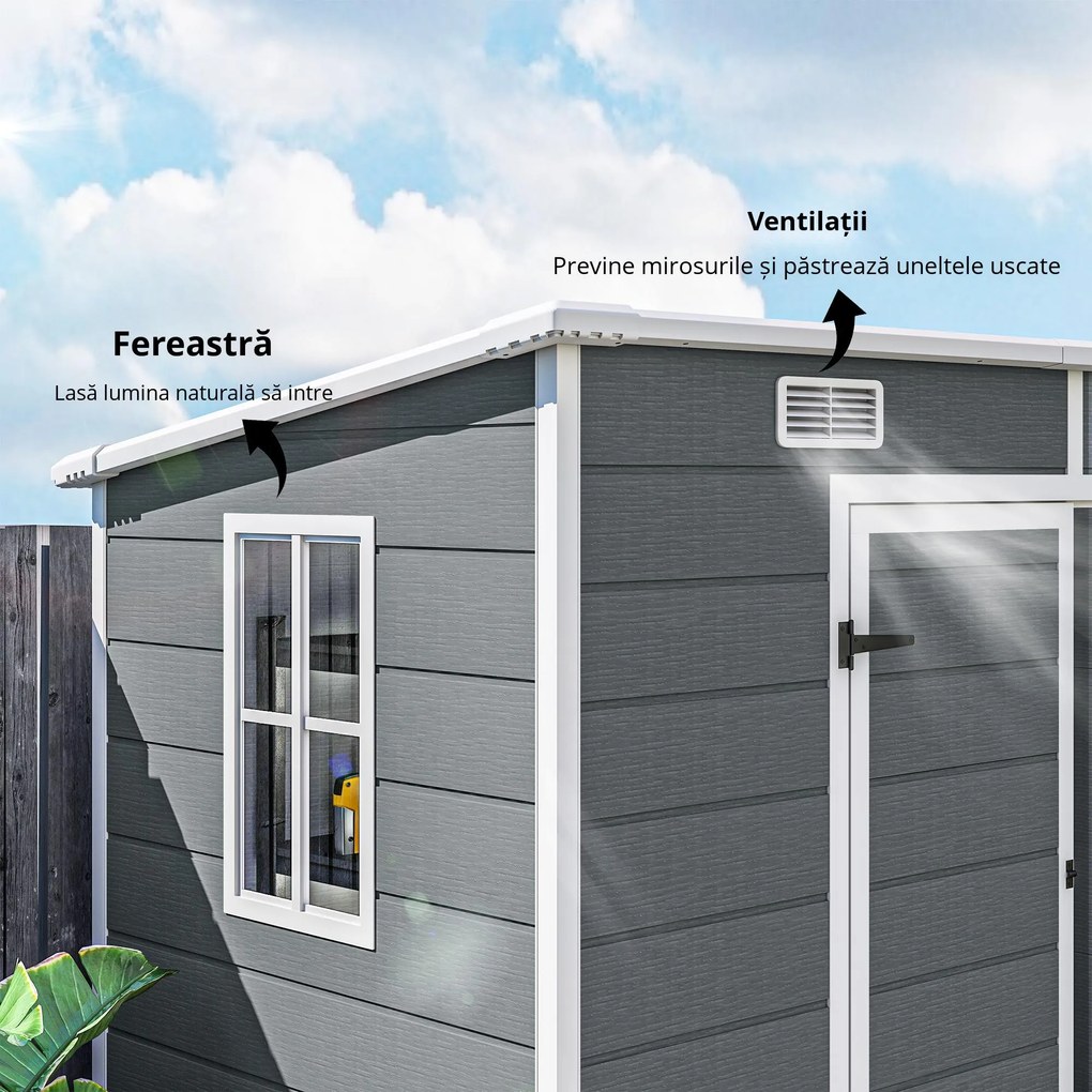 Outsunny Căsuță de Grădina pentru Unelte cu Podea, 2 Uși, Încuietoare și Acoperiș Înclinat, 238x125x183 cm, Gri | Aosom Romania