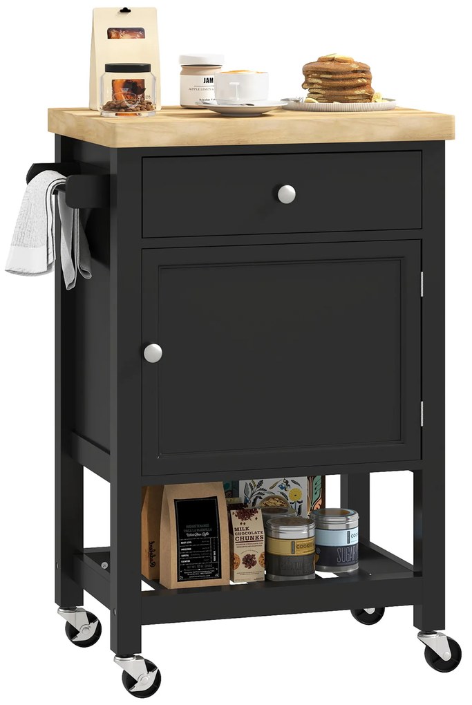 HOMCOM Servantă de bucătărie pe roți, cărucior de servire, blat din lemn de hevea, sertar, 63,5 x 40 x 90 cm, negru | Aosom Romania