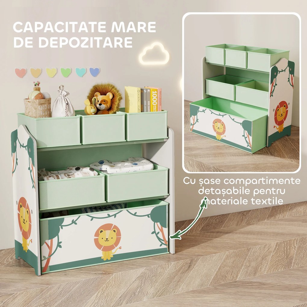 AIYAPLAY Raft pentru Jucării Copii cu 3 Niveluri și 6 Containere Detașabile din Material Textil, Mobilier Organizator pentru Dormitor, Cameră de Joacă și Sufragerie, Verde | Aosom Romania