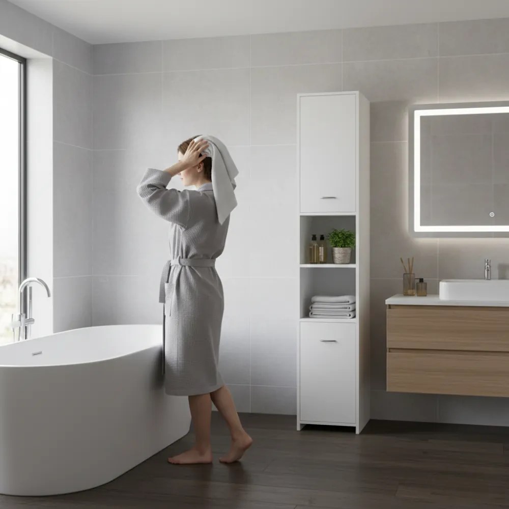 Dulap înalt de baie SILKE, 180×30×30cm, alb Casaria