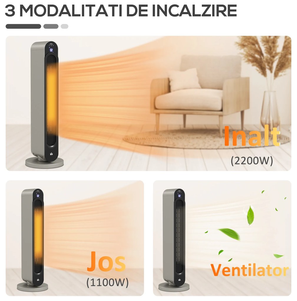 HOMCOM Incalzitor Electric Oscilant cu 3 Moduri de Incalzire, cu ventilator, Temperatura Reglabila, Telecomanda Ø25x73.5 cm, Argintiu | Aosom Romania