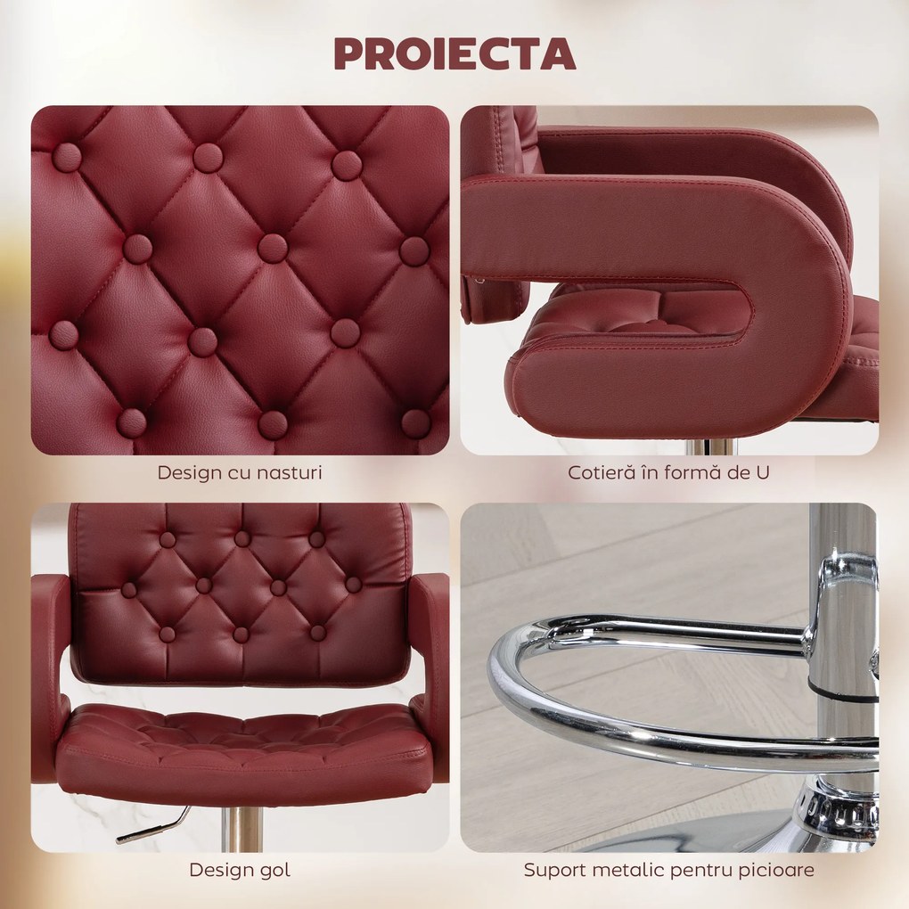 HOMCOM Scaun de Bar cu Înălțime Reglabilă, Scaun de Bucătărie Înalt din PU cu Spătar, Suport pentru Picioare, Cotiere și Șezut Confortabil, Structură Metalică, Rotativ la 360°, pentru Insulă, Roșu Vin | Aosom Romania