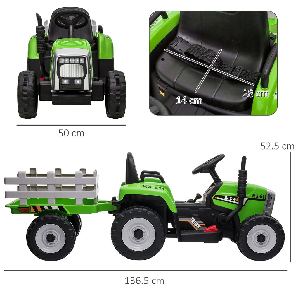 HOMCOM Tractor Electric cu Remorcă Detașabilă, Telecomandă, Muzică și Claxon, pentru Copii de 3-6 Ani, 136,5x50x52,5 cm, Verde | Aosom Romania