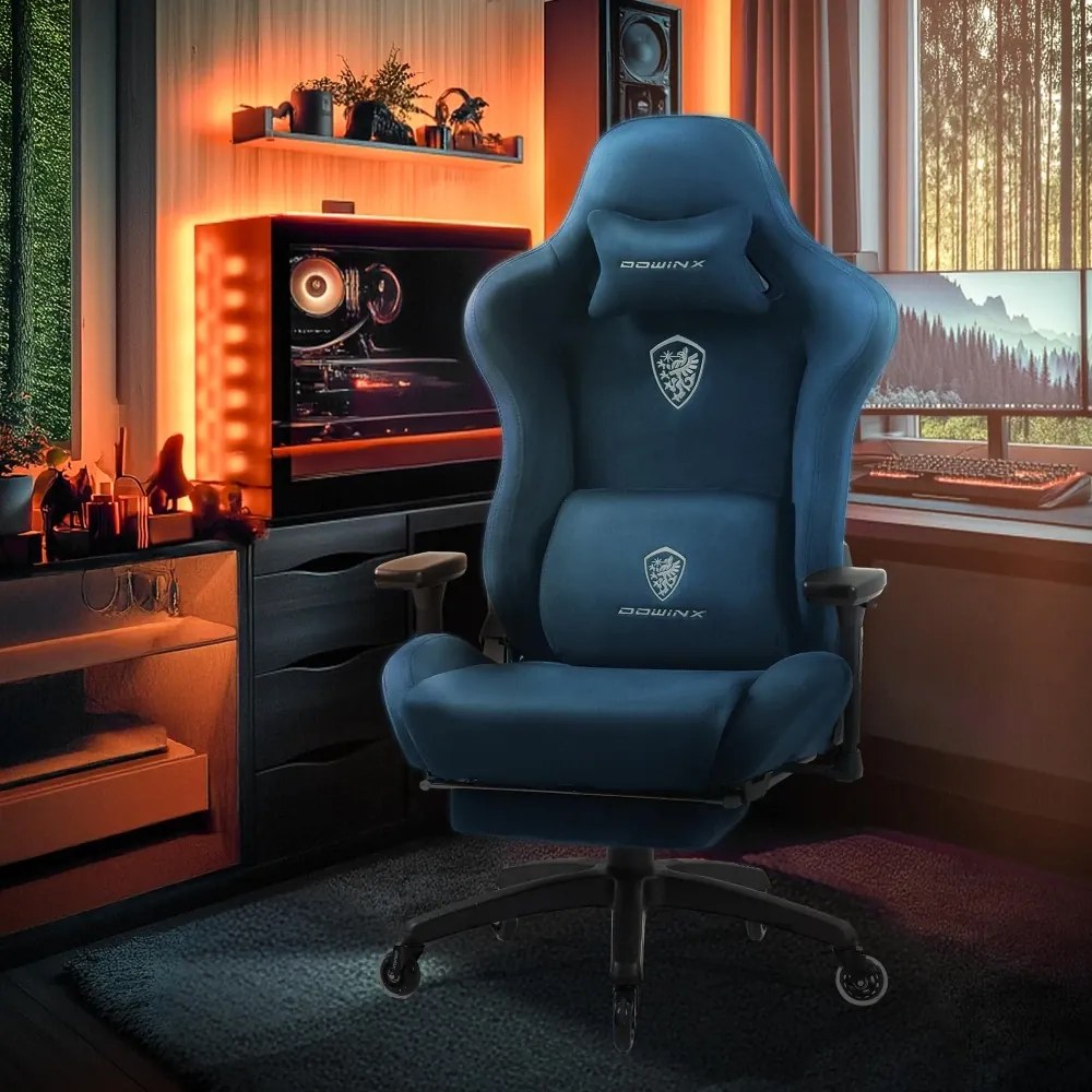 DOWINX 68A - Scaun Gaming Ergonomic, Extra-Lat și Construcție Heavy-Duty, Masaj in perna lombara, Material Textil respirabil, Suport picioare, Roti Silicon, Rezistent 150 kg, Albastru