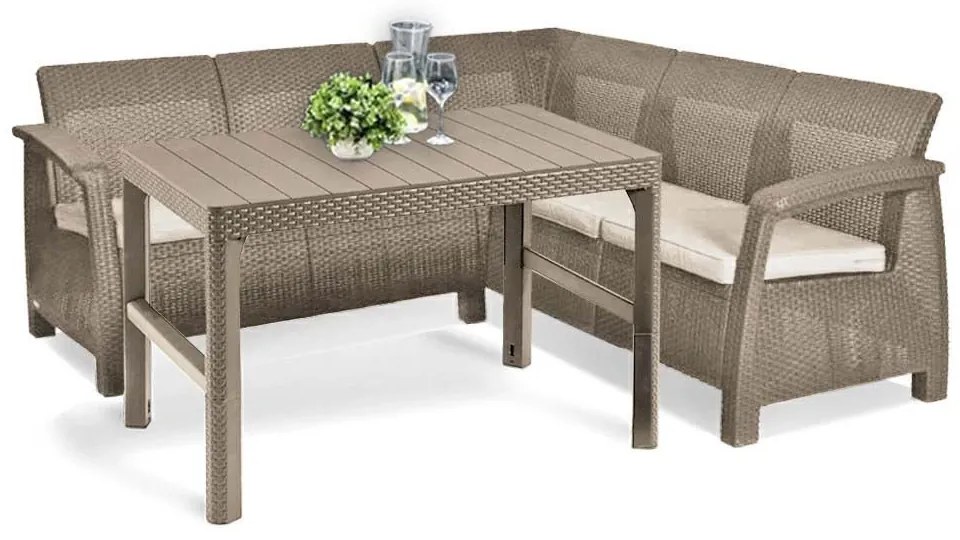 Canapea de colț relaxantă Corfu cu masă Lyon cappuccino