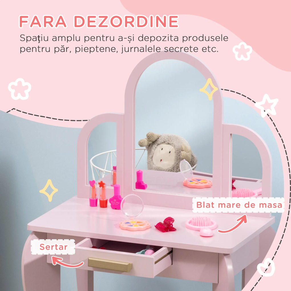 HOMCOM Masa cu oglinda si taburet, set de vanitate pentru copii, birou de machiaj pentru fete cu sertar pentru copii de 3-6 ani, roz | Aosom Romania