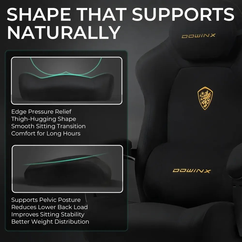 DOWINX – Scaun Gaming, Suport Lombar cu Masaj, Șezut cu Arcuri Metalice și Spumă, Rabatabil 90°-160°, Suport picioare, Rezistent 160 kg, material textil, Negru