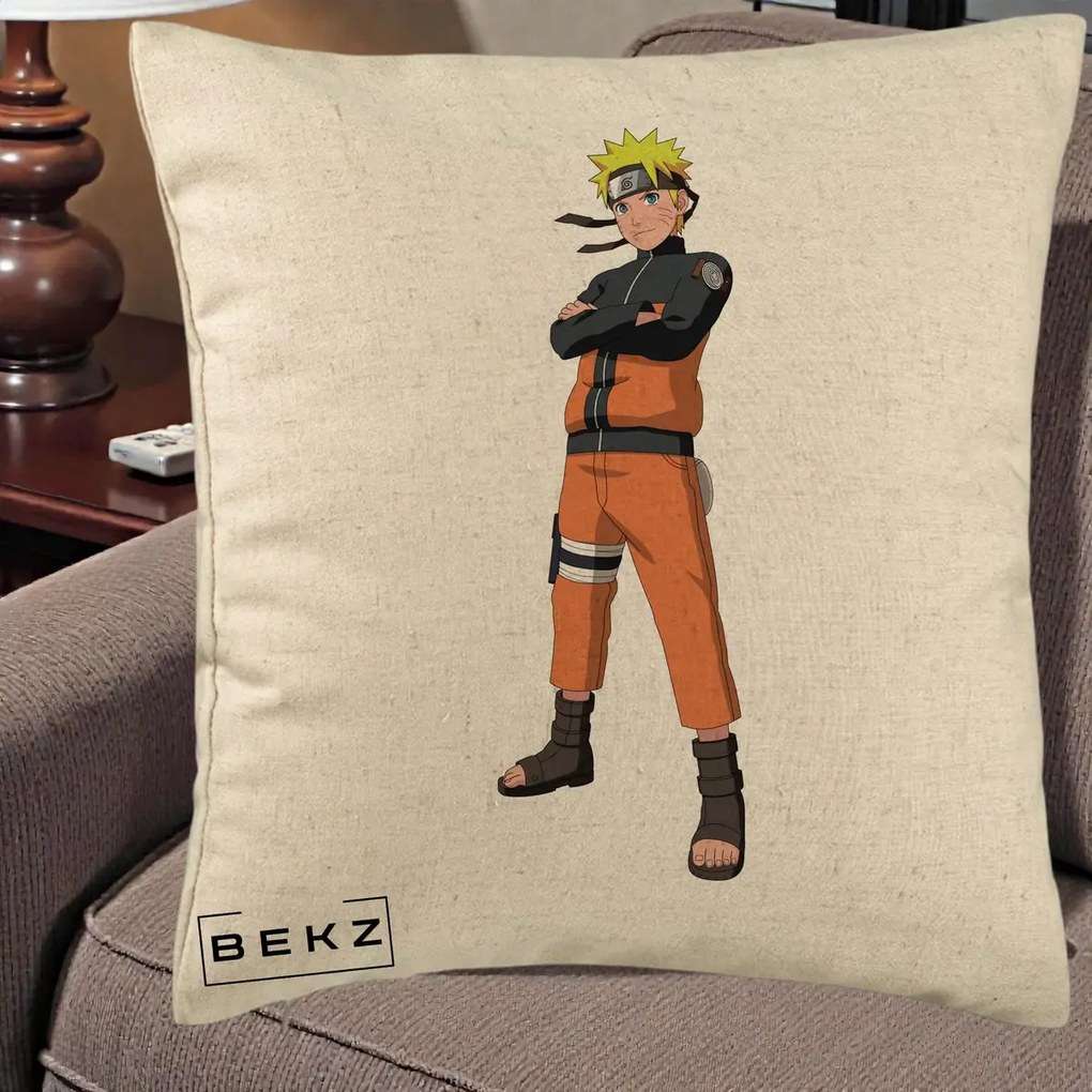 Perna Personalizata Naruto Uzumaki Portret Complet, 40x40 cm, Bej, Husa Detasabila, Perna Inclusa, BEKZ®