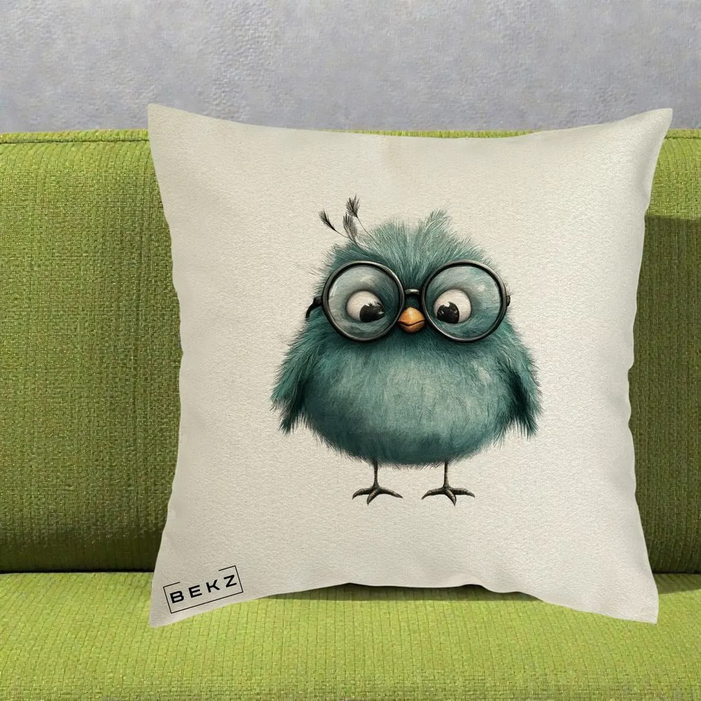 Perna Decorativa Pui Teal cu Ochelari Rotunzi, 40x40 cm, Ecru, Husa Detasabila, Perna Inclusa, BEKZ®